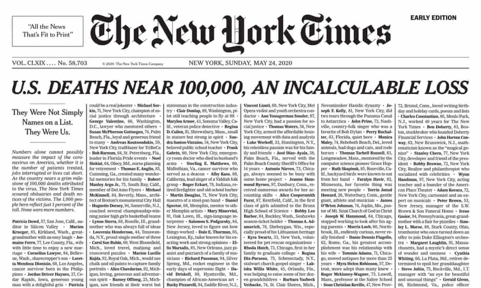 Trang nhất New York Times phủ kín tên 1.000 người chết vì Covid-19 - 1 Trang nhất New York Times phủ kín tên 1.000 người chết vì Covid-19 - 1