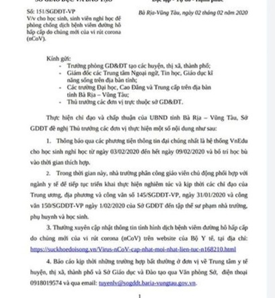 Tỉnh Bà Rịa - Vũng Tàu quyết định cho học sinh nghỉ học tránh virus Corona - 1 Tỉnh Bà Rịa - Vũng Tàu quyết định cho học sinh nghỉ học tránh virus Corona - 1