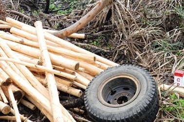 Xe chở gỗ đang chạy bỗng… rụng 2 bánh