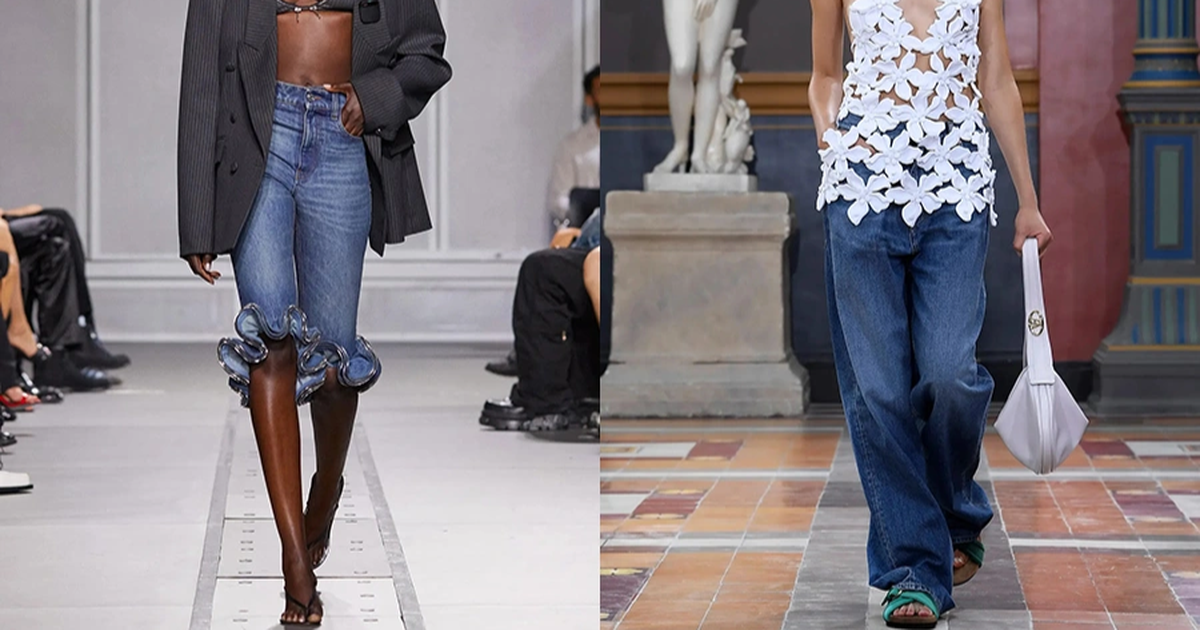Quần jeans ống rộng tạo sự tương phản đầy sức hút với áo hai dây, đính kết hoa văn tinh xảo trên đường băng Xuân - Hè 2024 của Valentino. Quần jeans ống rộng tập trung vào sự thoải mái, nhưng không hề bỏ qua yếu tố sành điệu (Ảnh: Valentino).