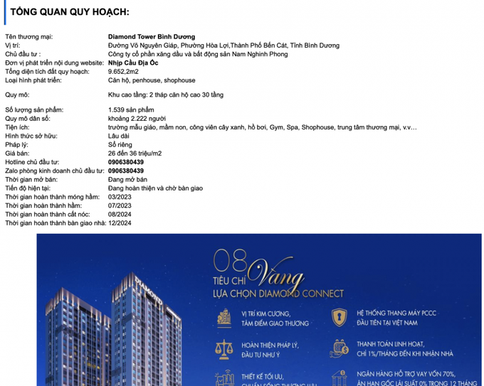 Hiện nay, dự án có tên Diamond Tower đang được website: https://nhipcaudiaoc.net/diamond-tower-binh-duong quảng cáo, rao bán rầm rộ. (Ảnh: Chụp màn hình).
