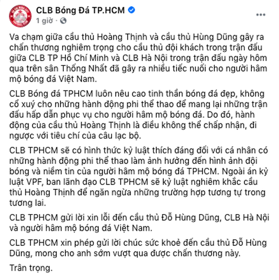 CLB TPHCM xin lỗi Hùng Dũng, tuyên bố xử nghiêm Hoàng Thịnh - 2 CLB TPHCM xin lỗi Hùng Dũng, tuyên bố xử nghiêm Hoàng Thịnh - 2