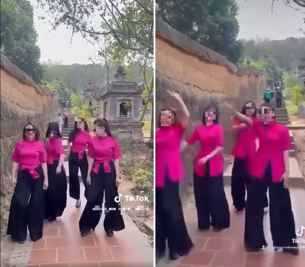 Các cô gái thực hiện màn nhảy múa phản cảm nơi tôn nghiêm để quay video đăng lên TikTok (Ảnh cắt từ clip). Các cô gái thực hiện màn nhảy múa phản cảm nơi tôn nghiêm để quay video đăng lên TikTok (Ảnh cắt từ clip).