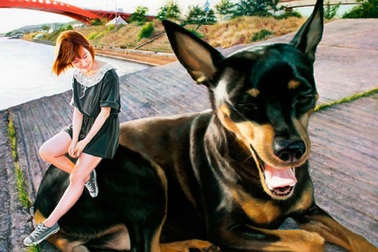 Ngỡ ngàng tranh vẽ như thật về cô gái và cún cưng