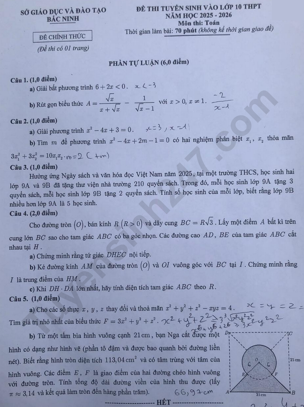 Đề thi và đáp án môn toán, tiếng Anh thi lớp 10 của tỉnh Bắc Ninh - 10 Đề thi và đáp án môn toán, tiếng Anh thi lớp 10 của tỉnh Bắc Ninh - 10