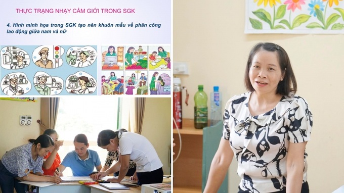 Cô Thùa (phải) cùng các thầy, cô thảo luận về khuôn mẫu giới trong sách giáo khoa