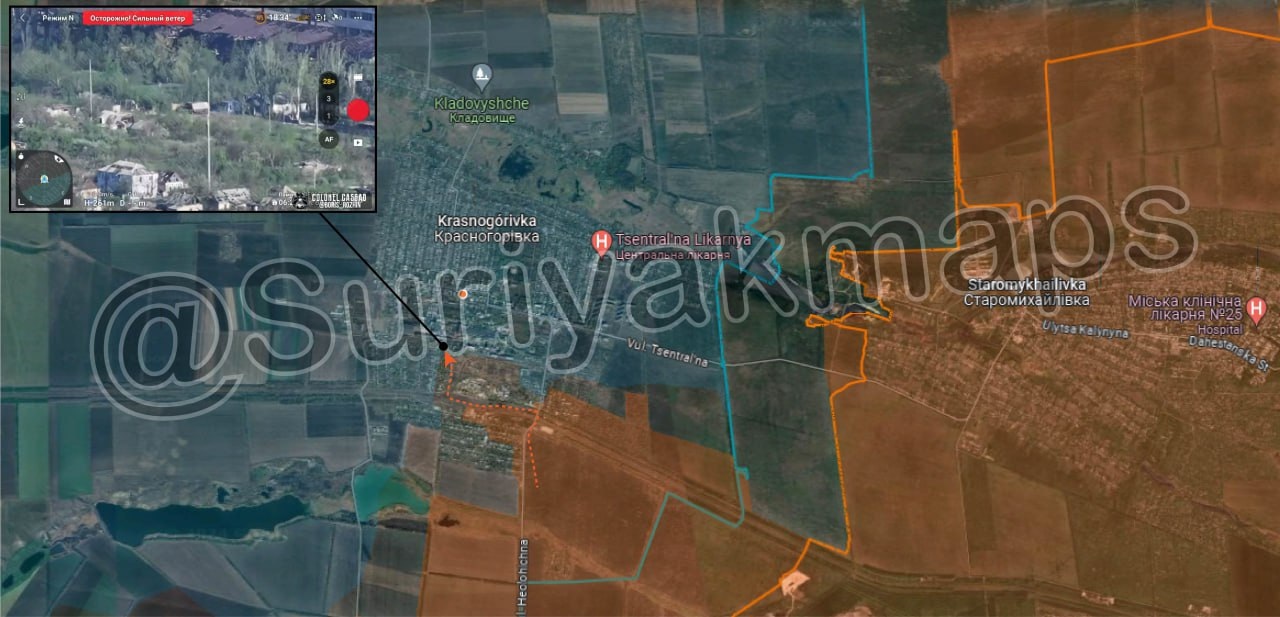 Bản đồ chiến sự Ukraine ở Krasnogorivka gần thủ phủ Donetsk ngày 16/4. Trong đó, Nga kiểm soát phần màu nâu, các mũi tên màu cam thể hiện hướng tấn công của họ và khu vực bao quanh bởi nét đứt màu cam là nơi lực lượng Moscow vừa giành được (Ảnh: Suriyakmaps).