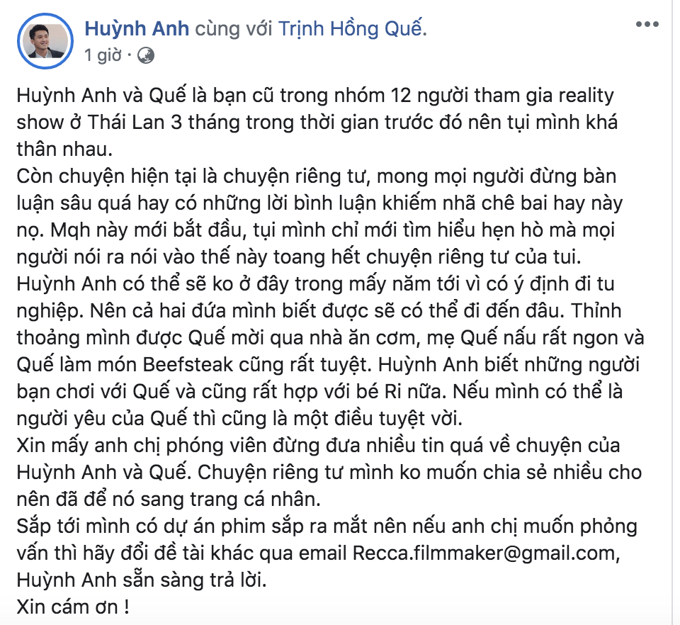 Huỳnh Anh chính thức xác nhận đang “hẹn hò” với Hồng Quế - 2 Huỳnh Anh chính thức xác nhận đang “hẹn hò” với Hồng Quế - 2