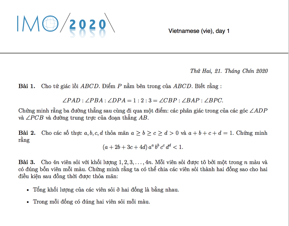 Đề thi Olympic Toán quốc tế lần thứ 61 - IMO 2020: 6 bài làm trong 2 ngày - 1 Đề thi Olympic Toán quốc tế lần thứ 61 - IMO 2020: 6 bài làm trong 2 ngày - 1