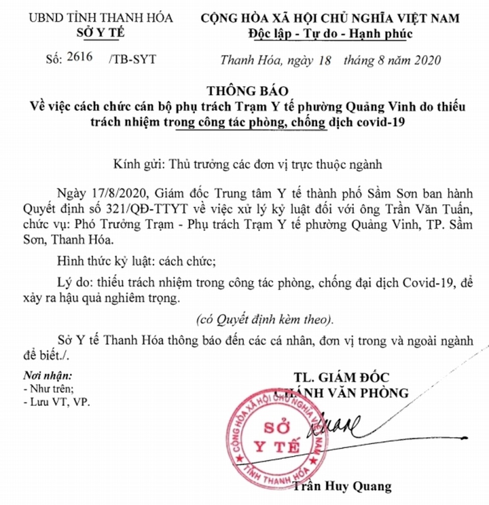Lơ là chống dịch, Phó trưởng trạm Y tế bị cách chức - 1 Lơ là chống dịch, Phó trưởng trạm Y tế bị cách chức - 1
