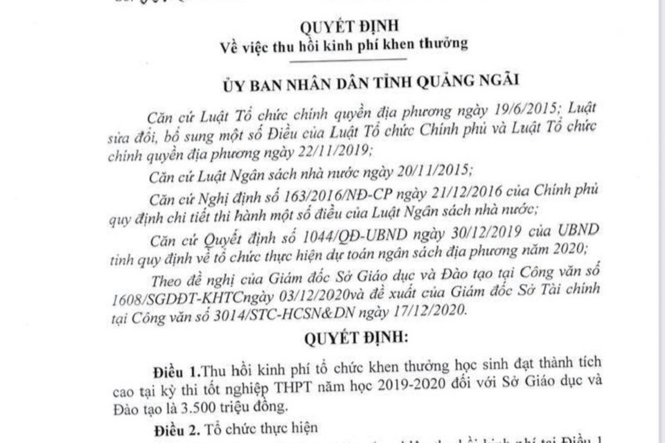 Dừng chi 3,5 tỷ đồng khen thưởng học sinh: Chủ tịch tỉnh yêu cầu báo cáo - 2 Dừng chi 3,5 tỷ đồng khen thưởng học sinh: Chủ tịch tỉnh yêu cầu báo cáo - 2