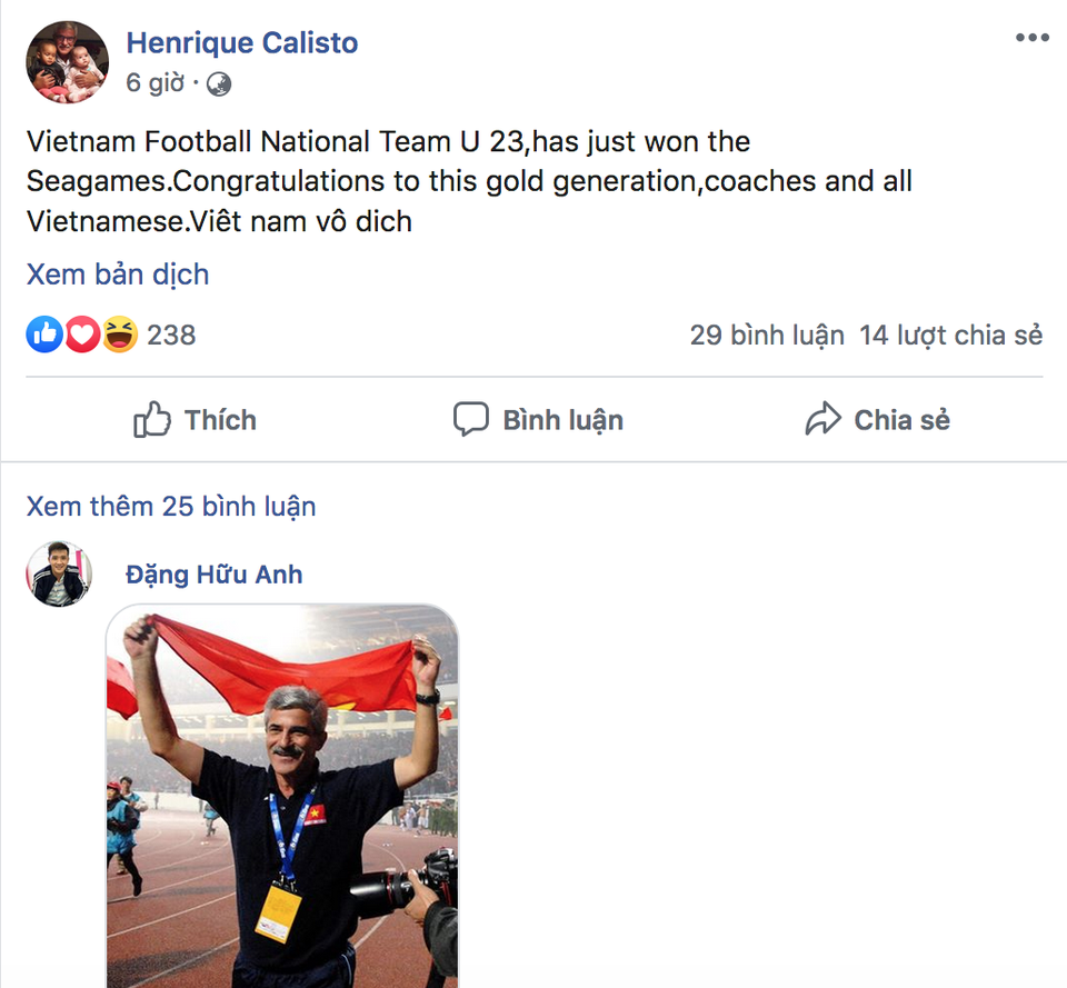 HLV Calisto chúc mừng U22 Việt Nam vô địch SEA Games 30 - 1 HLV Calisto chúc mừng U22 Việt Nam vô địch SEA Games 30 - 1