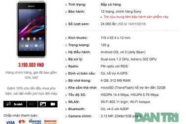 Xperia E1 chính hãng có giá 3,2 triệu đồng tại VN