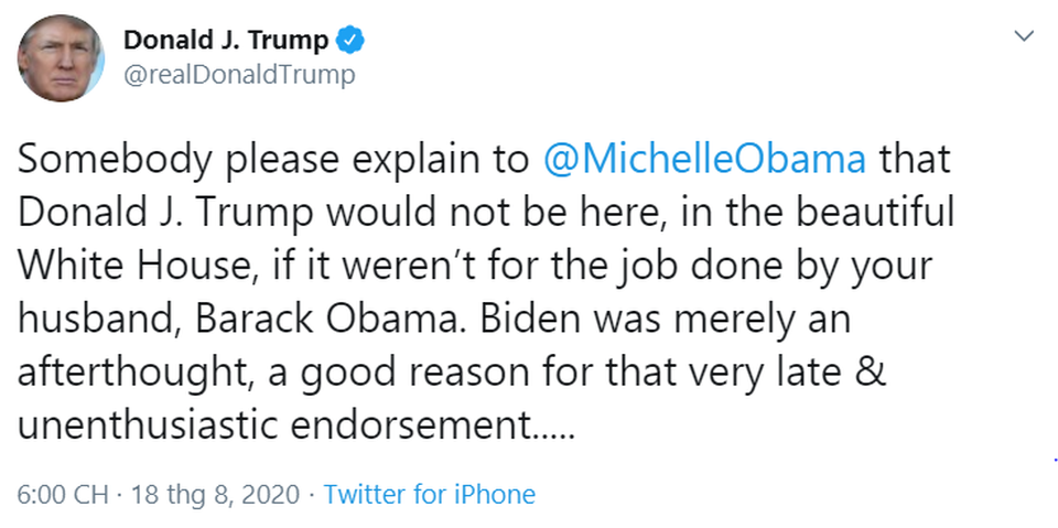 Ông Trump giận dữ đáp trả bà Obama vì bị gọi là tổng thống sai lầm - 2 Ông Trump giận dữ đáp trả bà Obama vì bị gọi là tổng thống sai lầm - 2