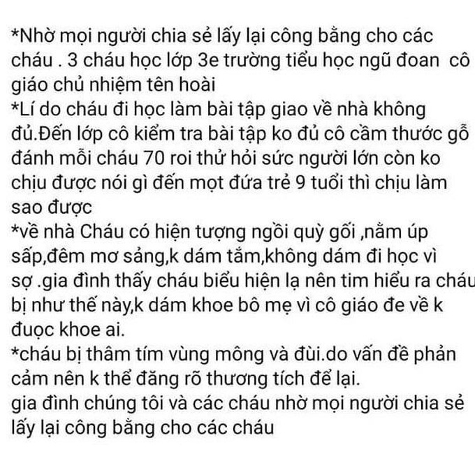 Đoạn chia sẻ thông tin về bé V.S.H bị đòn roi vì không hoàn thành bài tập cô giáo giao trên facebook.