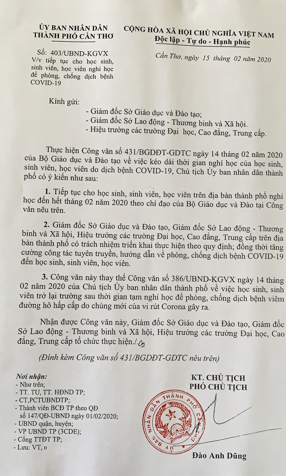 Cần Thơ cho HS, SV nghỉ học đến hết tháng 2, phụ huynh yên tâm - 1 Cần Thơ cho HS, SV nghỉ học đến hết tháng 2, phụ huynh yên tâm - 1