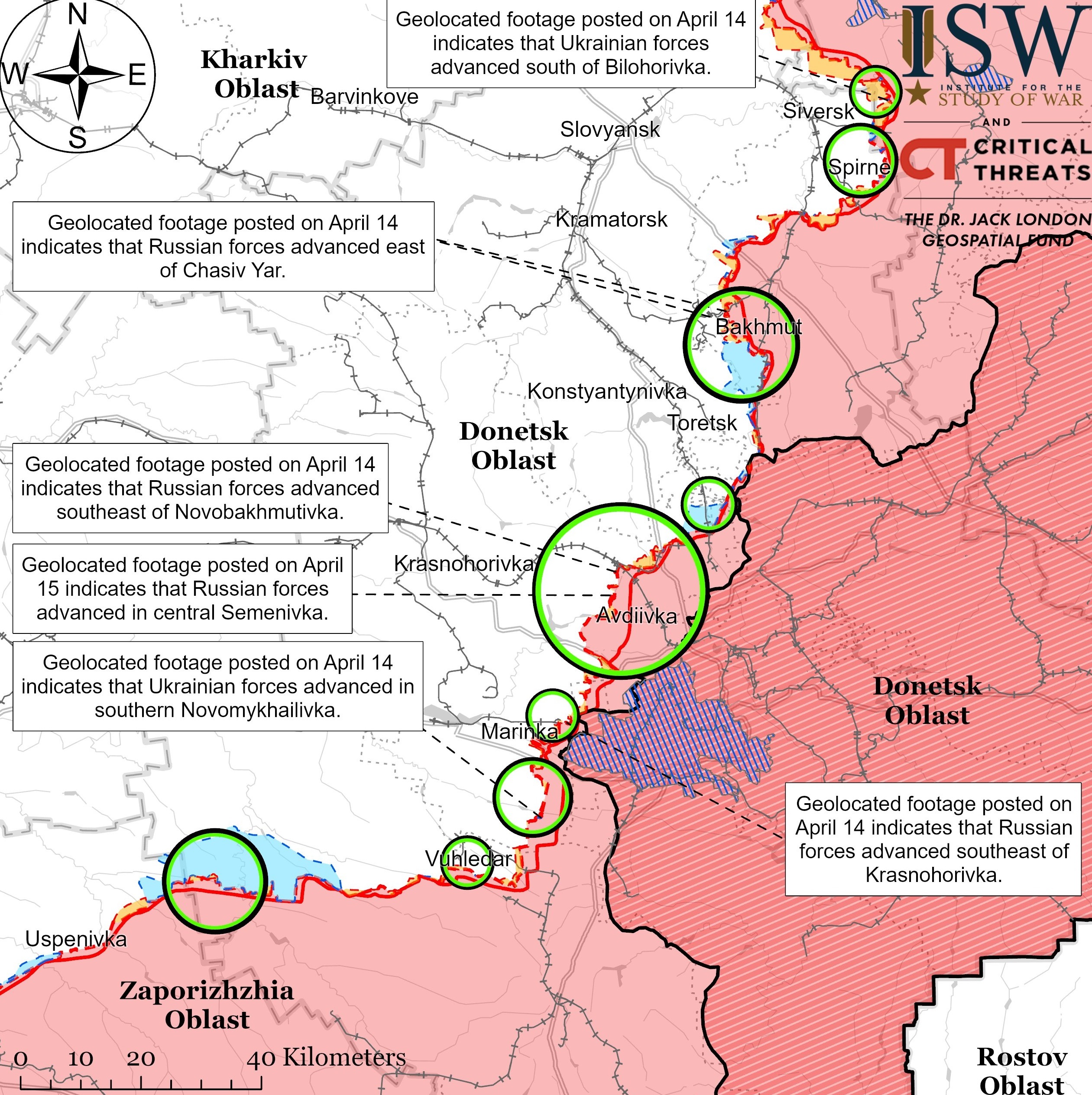 Bản đồ chiến sự Ukraine ngày 15/4. Trong đó, Nga kiểm soát khu vực màu hồng, những vòng tròn thể hiện các mặt trận, kích thước càng lớn càng nóng bỏng và hai tâm điểm giao tranh ác liệt nhất hiện tại là Avdiivka và Bakhmut. Các khu vực màu vàng là nơi lực lượng Moscow mới giành quyền kiểm soát (Ảnh: ISW).