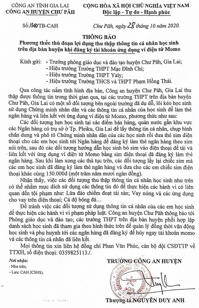 Nhiều học sinh bị lấy thông tin để đăng ký ví điện tử Momo - Ảnh 1.