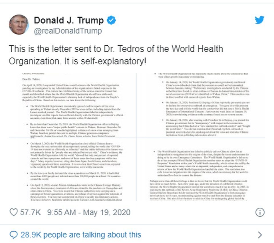 Ông Trump gửi tối hậu thư cho WHO, dọa cắt tài trợ vĩnh viễn - 2 Ông Trump gửi tối hậu thư cho WHO, dọa cắt tài trợ vĩnh viễn - 2