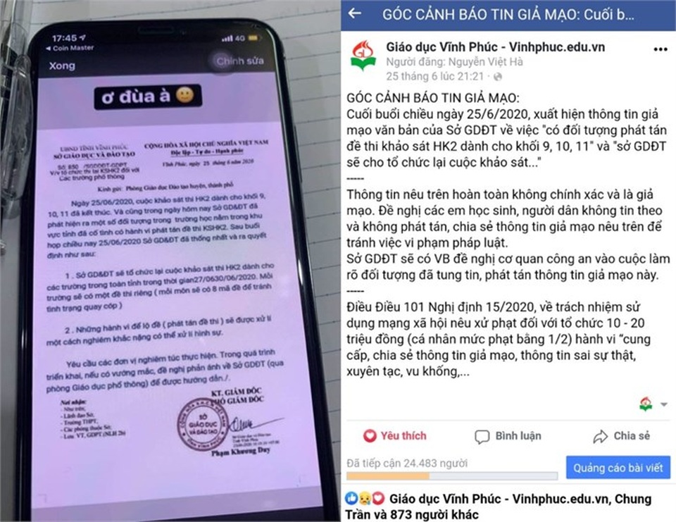Vĩnh Phúc: Giả mạo văn bản của Sở GD, một học sinh bị phạt 3,75 triệu đồng - 1 Vĩnh Phúc: Giả mạo văn bản của Sở GD, một học sinh bị phạt 3,75 triệu đồng - 1