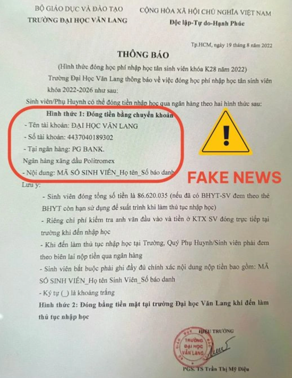 Mạo danh trường, thông báo tân sinh viên đóng học phí gần 87 triệu đồng - 1 Mạo danh trường, thông báo tân sinh viên đóng học phí gần 87 triệu đồng - 1
