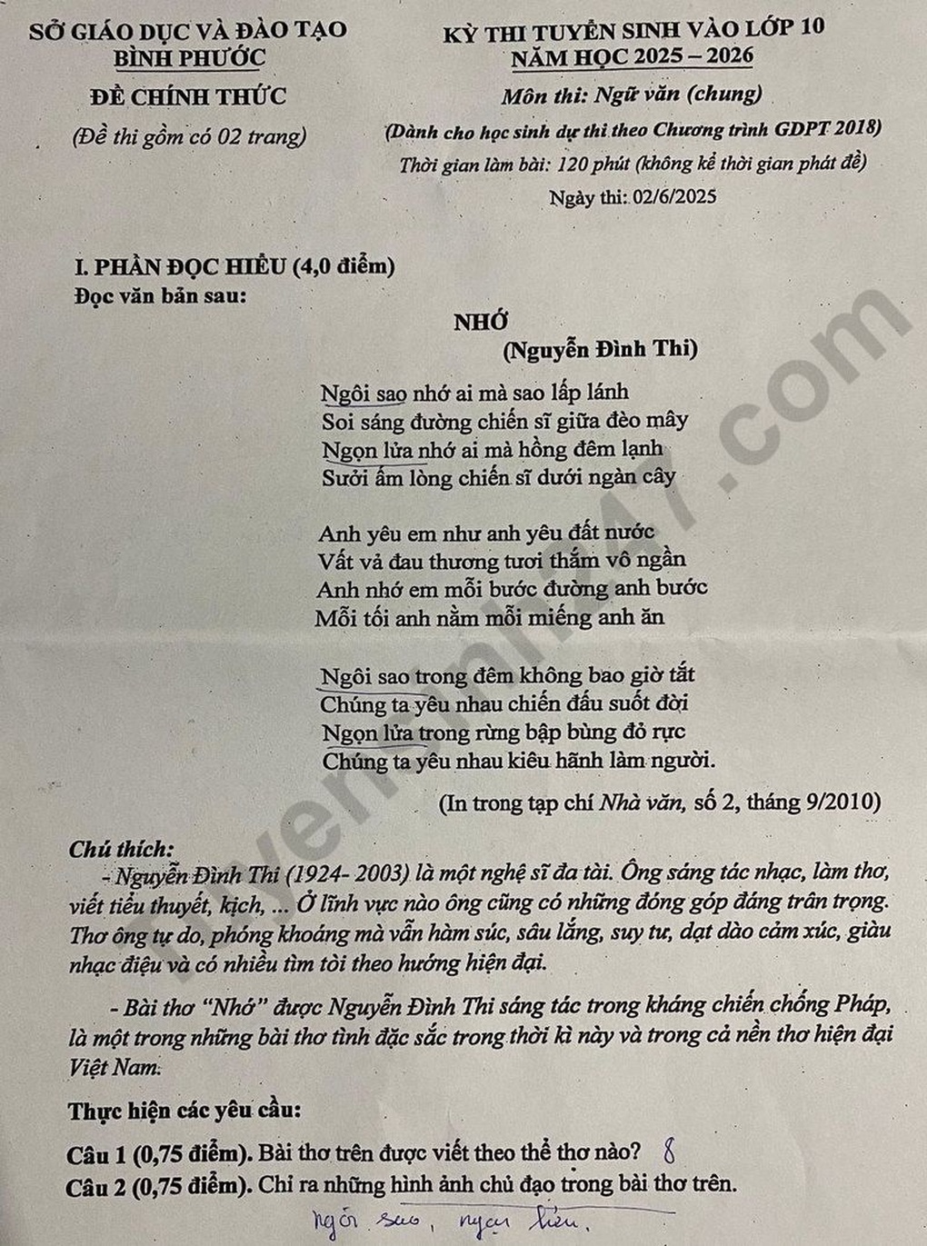 សំណួរ-ចម្លើយ អក្សរសាស្ត្រ សម្រាប់ថ្នាក់ទី១០ ឆ្នាំ២០២៥ ខេត្ត Binh Phuoc - 1 Đề và đáp án môn ngữ văn thi lớp 10 năm 2025 tỉnh Bình Phước - 1