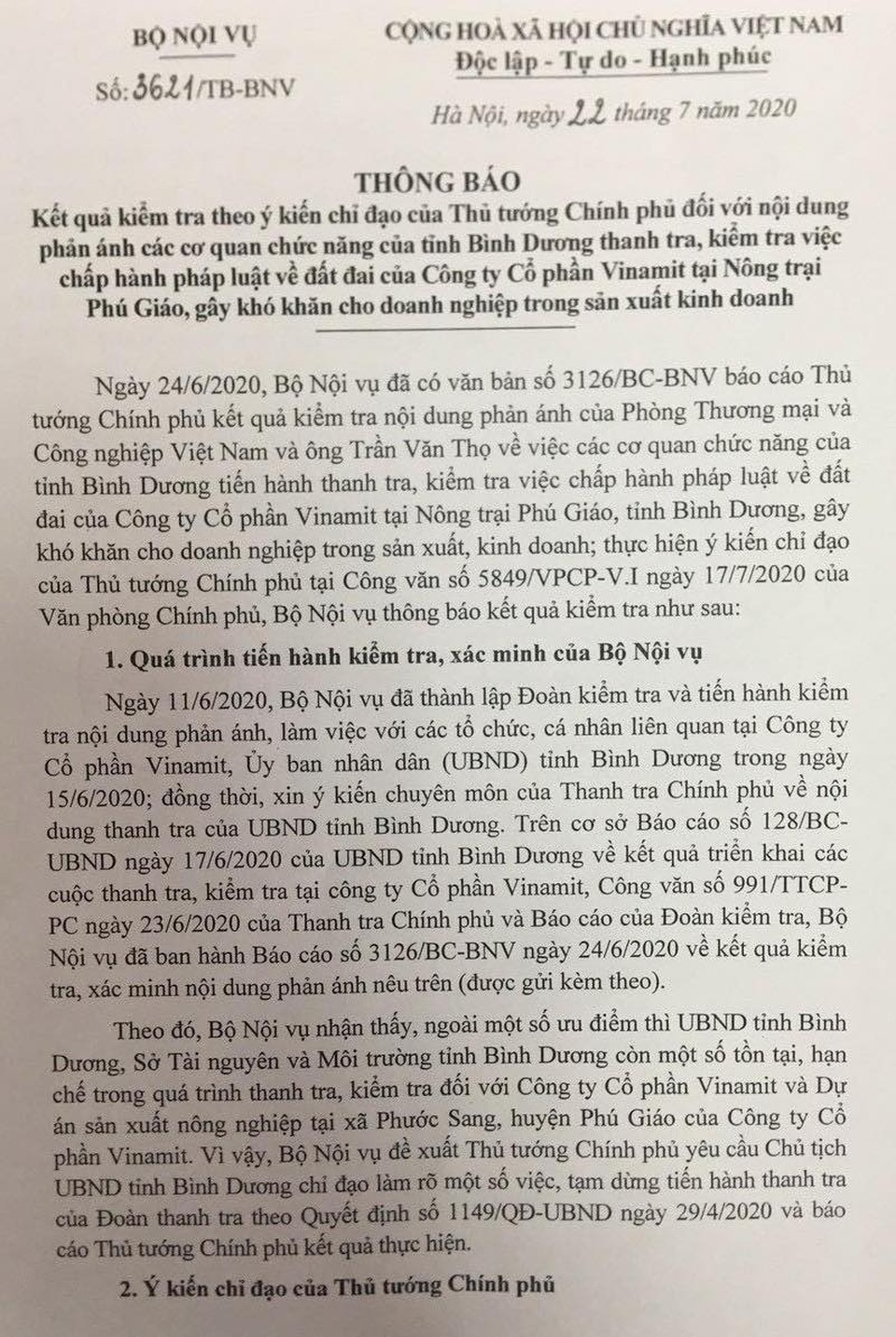 Thủ tướng chỉ đạo tỉnh Bình Dương tạm dừng thanh tra công ty Vinamit - 2 Thủ tướng chỉ đạo tỉnh Bình Dương tạm dừng thanh tra công ty Vinamit - 2