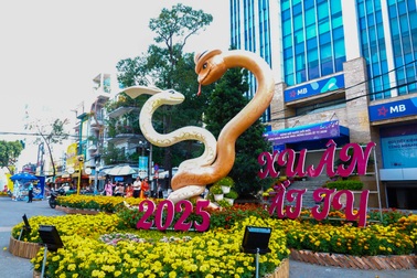 Linh vật rắn ở đường hoa Cần Thơ quấn vào nhau tạo hình trái tim