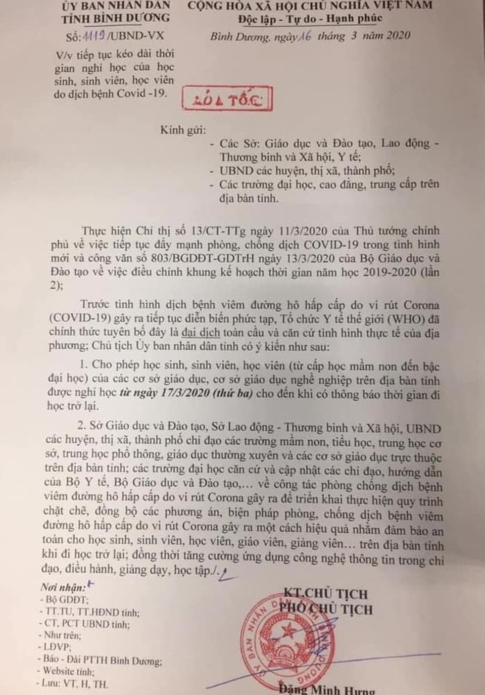 Bình Dương hỏa tốc cho toàn bộ HS, SV nghỉ học từ ngày mai 17/3 - 1 Bình Dương hỏa tốc cho toàn bộ HS, SV nghỉ học từ ngày mai 17/3 - 1