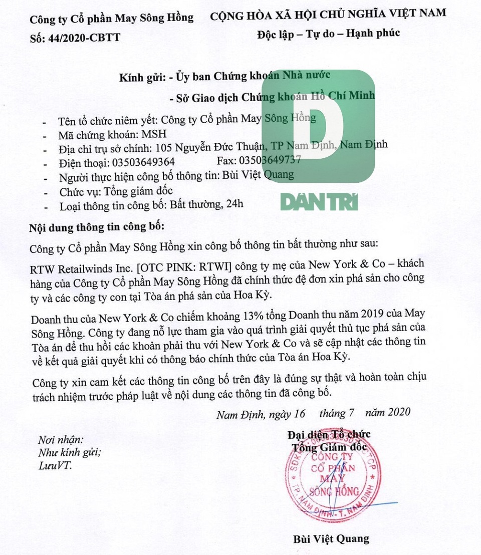 “Khách sộp” ở Mỹ nộp đơn phá sản, cổ phiếu May Sông Hồng bị bán tháo - 2 “Khách sộp” ở Mỹ nộp đơn phá sản, cổ phiếu May Sông Hồng bị bán tháo - 2