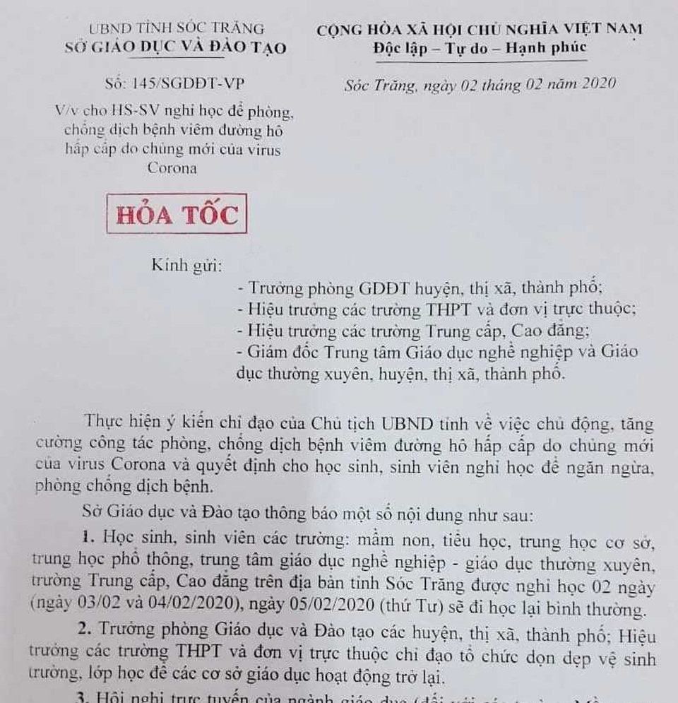 Sóc Trăng cho học sinh nghỉ học 2 ngày để phòng virus Corona - 1 Sóc Trăng cho học sinh nghỉ học 2 ngày để phòng virus Corona - 1