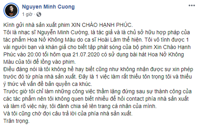 Nhạc sĩ bản hit Hoa Nở Không Màu lên tiếng tố cáo NSX phim Xin Chào Hạnh Phúc sử dụng ca khúc khi chưa xin phép - Ảnh 1. Nhạc sĩ bản hit Hoa Nở Không Màu lên tiếng tố cáo NSX phim Xin Chào Hạnh Phúc sử dụng ca khúc khi chưa xin phép - Ảnh 1.