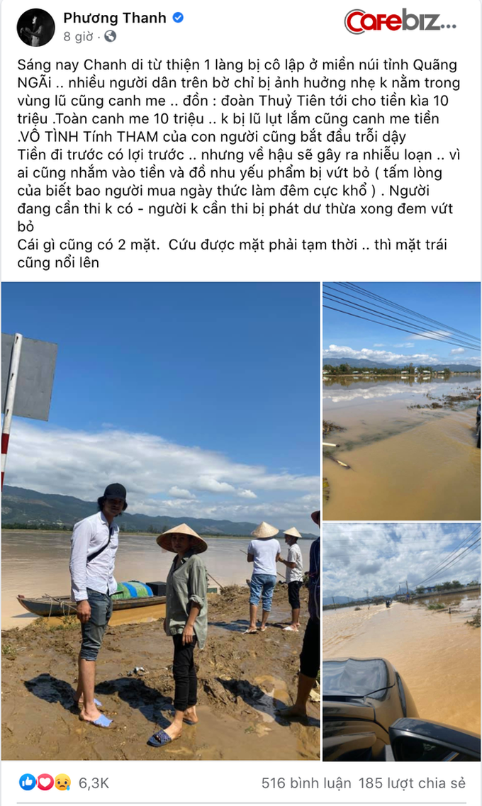 Tham gia thiện nguyện ở miền Trung, ca sĩ Phương Thanh: Nhiều nơi ở vùng lũ, tính tham của con người nổi lên, đồn đoàn Thuỷ Tiên tới cho 10 triệu kìa rồi chê đoàn khác - Ảnh 1. Tham gia thiện nguyện ở miền Trung, ca sĩ Phương Thanh: Nhiều nơi ở vùng lũ, tính tham của con người nổi lên, đồn đoàn Thuỷ Tiên tới cho 10 triệu kìa rồi chê đoàn khác - Ảnh 1.