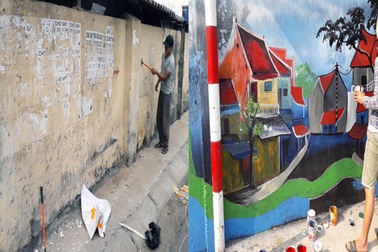 Vẽ tranh cổ động để “cứu” những bức tường đầy quảng cáo, rêu mốc