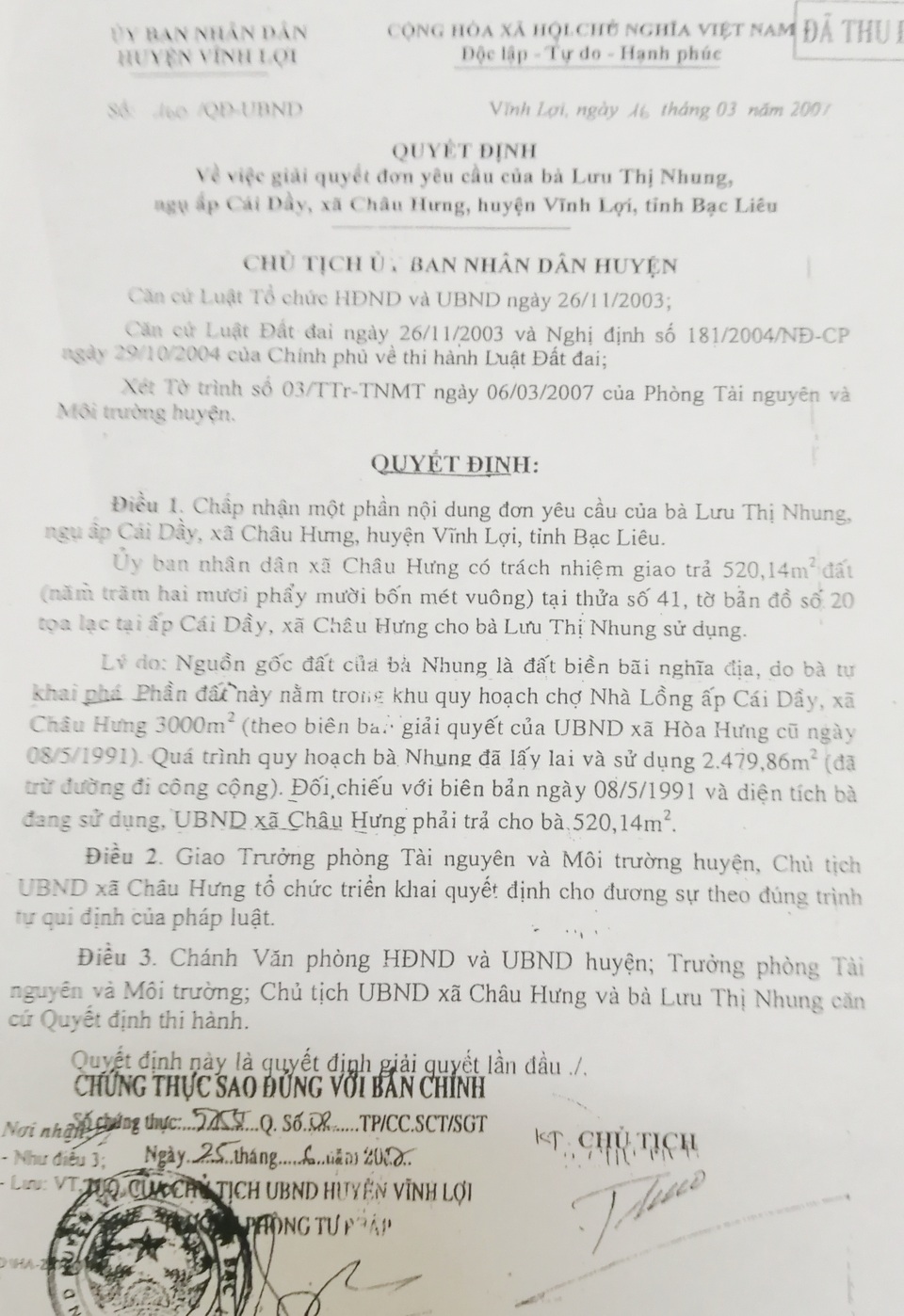 Vụ ủy ban huyện trả đất chợ Cái Dầy bất thường: Thanh tra tỉnh Bạc Liêu từng báo cáo gì? - 4 Vụ ủy ban huyện trả đất chợ Cái Dầy bất thường: Thanh tra tỉnh Bạc Liêu từng báo cáo gì? - 4