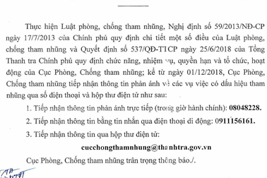 Cục Phòng, chống tham nhũng mở 3 “kênh” nhận tố cáo