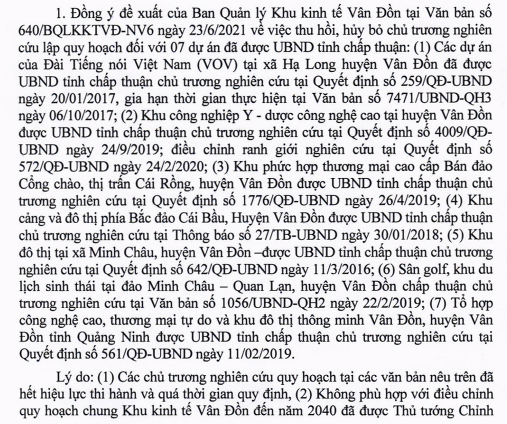 Quảng Ninh: Hủy bỏ chủ trương nghiên cứu lập quy hoạch 7 dự án tại Vân Đồn - 1 Quảng Ninh: Hủy bỏ chủ trương nghiên cứu lập quy hoạch 7 dự án tại Vân Đồn - 1