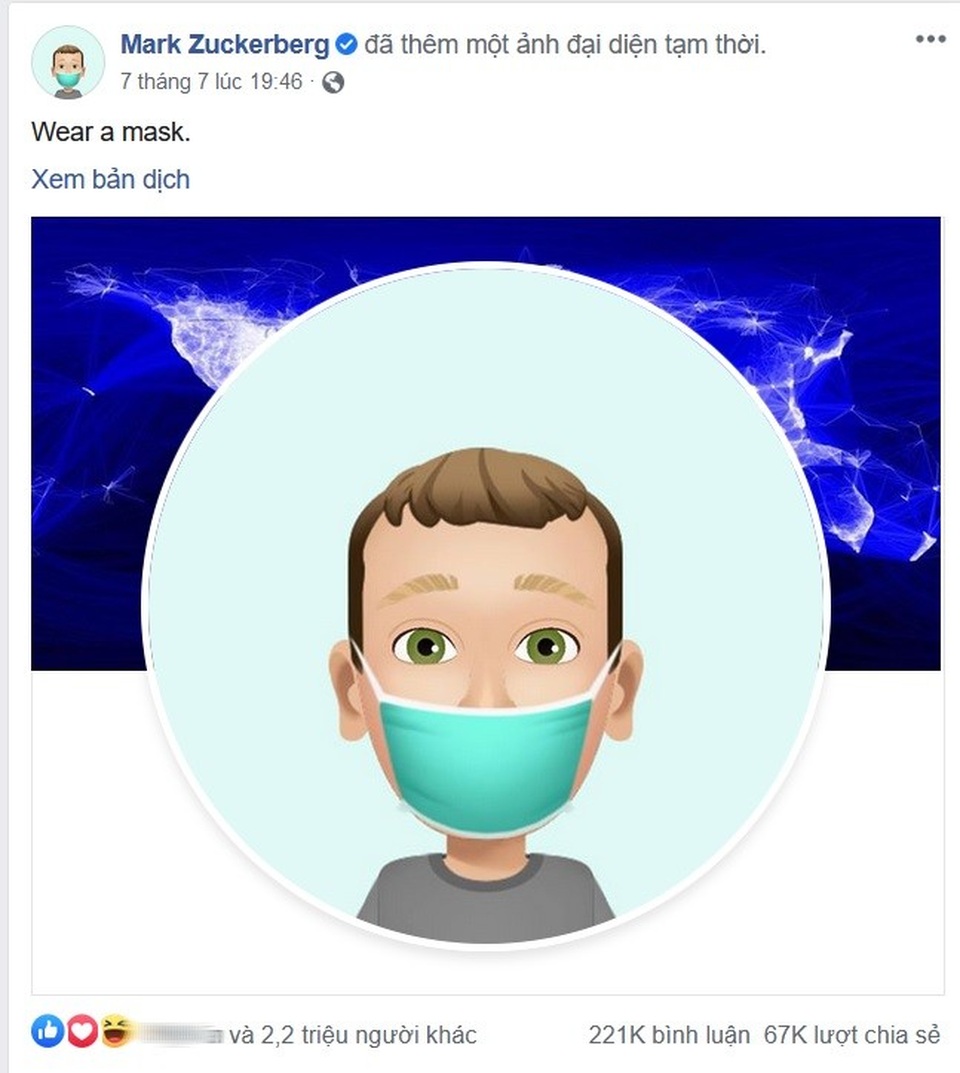Đăng ảnh đại diện kêu gọi đeo khẩu trang, Zuckerberg hút 2 triệu lượt Like - 1 Đăng ảnh đại diện kêu gọi đeo khẩu trang, Zuckerberg hút 2 triệu lượt Like - 1