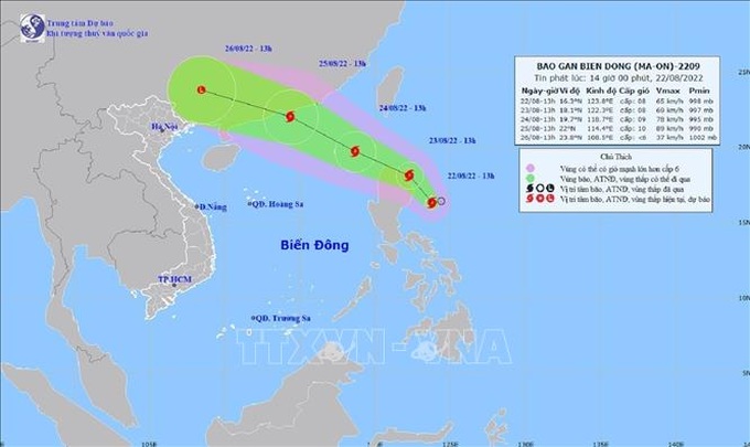 Bản đồ đường đi của bão Ma-on (chiều 22/8). Ảnh: TTXVN phát