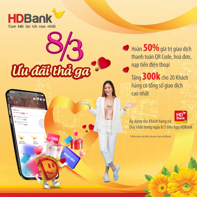 HDBank ưu đãi hàng loạt dịch vụ, quà tặng đến khách hàng dịp 8/3 - Ảnh 1. HDBank ưu đãi hàng loạt dịch vụ, quà tặng đến khách hàng dịp 8/3 - Ảnh 1.