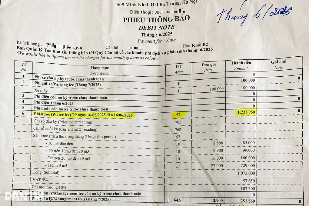 Cư dân chung cư Hà Nội kêu cứu, nhà 2 người bị dùng hết 57m3 nước/tháng - 1