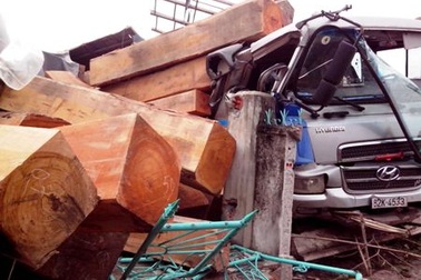 Container chở gần 100 m3 gỗ lao sầm vào nhà dân