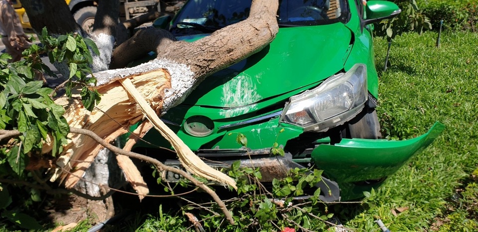 Tránh Camry, taxi leo dải phân cách tông đổ cây xanh - 2 Tránh Camry, taxi leo dải phân cách tông đổ cây xanh - 2