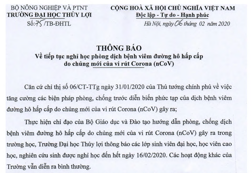 Thêm nhiều đại học cho SV nghỉ đến 16/2, đầu tháng 3 để phòng virus corona - 1 Thêm nhiều đại học cho SV nghỉ đến 16/2, đầu tháng 3 để phòng virus corona - 1