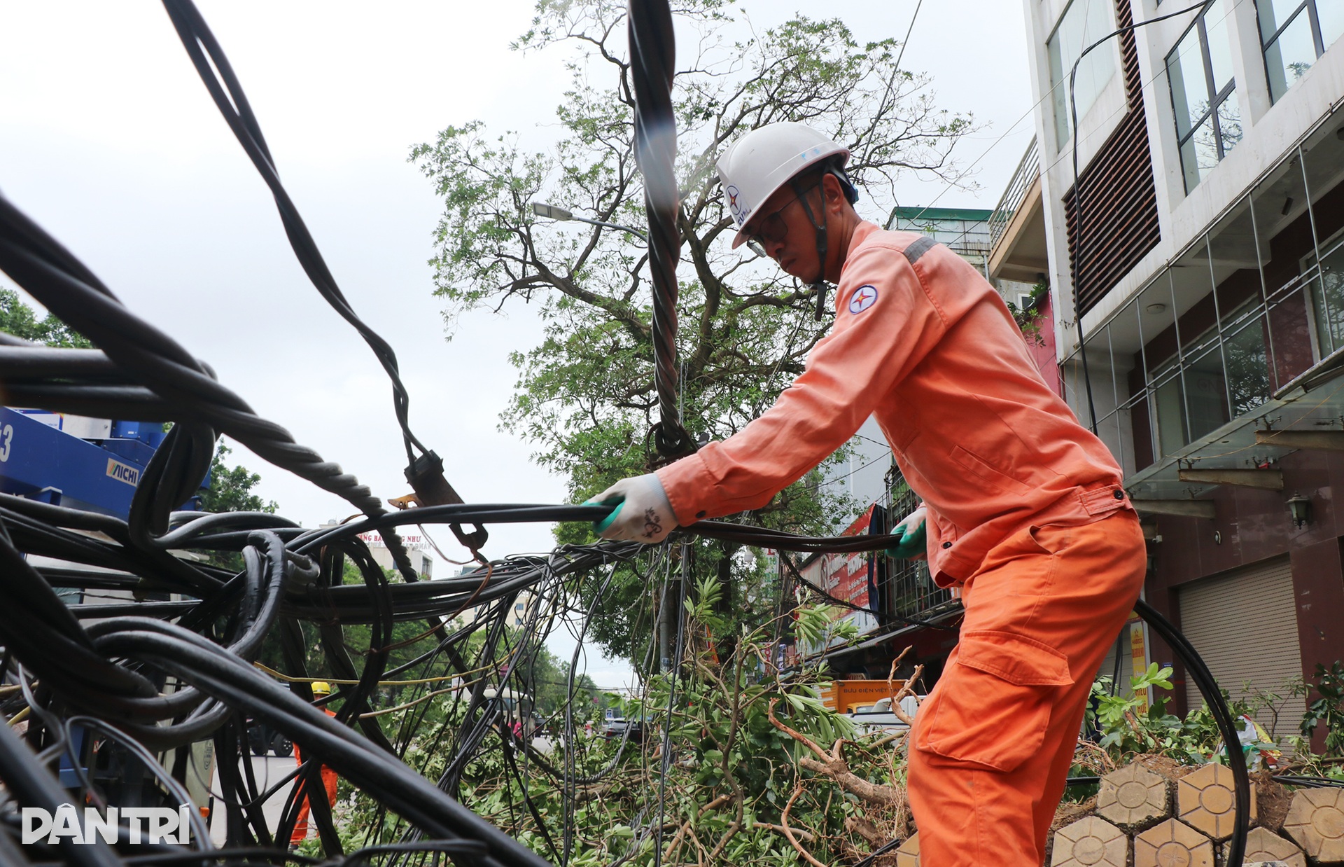 Những người thợ áo cam căng mình dựng cột, nối đường dây sau bão Kajiki - 4 Những người thợ áo cam căng mình dựng cột, nối đường dây sau bão Kajiki - 4
