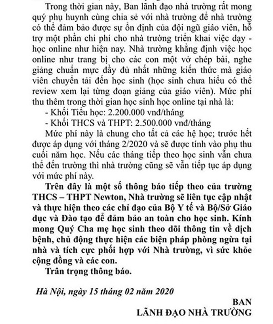 Hà Nội: Trường rút kêu gọi chia sẻ phí dạy online đợt dịch Covid-19 - 2 Hà Nội: Trường rút kêu gọi chia sẻ phí dạy online đợt dịch Covid-19 - 2