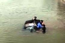 Người dân đập cửa kính cứu tài xế chiếc ô tô đang chìm dưới sông