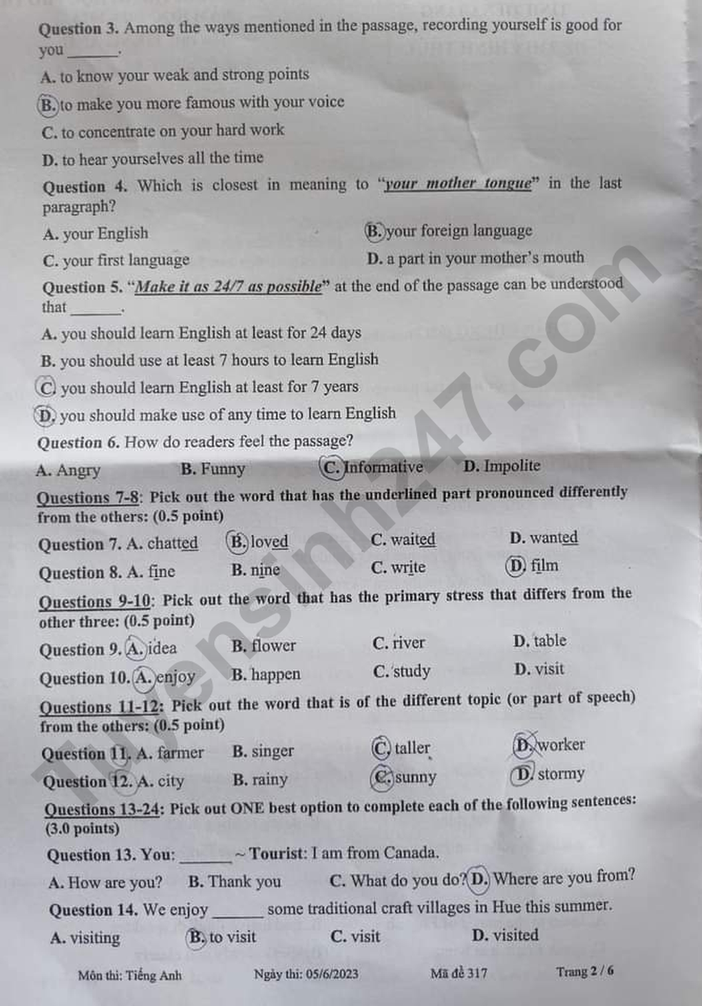 Đáp án môn tiếng Anh lớp 10 năm 2023 tỉnh Tiền Giang, Bình Thuận - 7