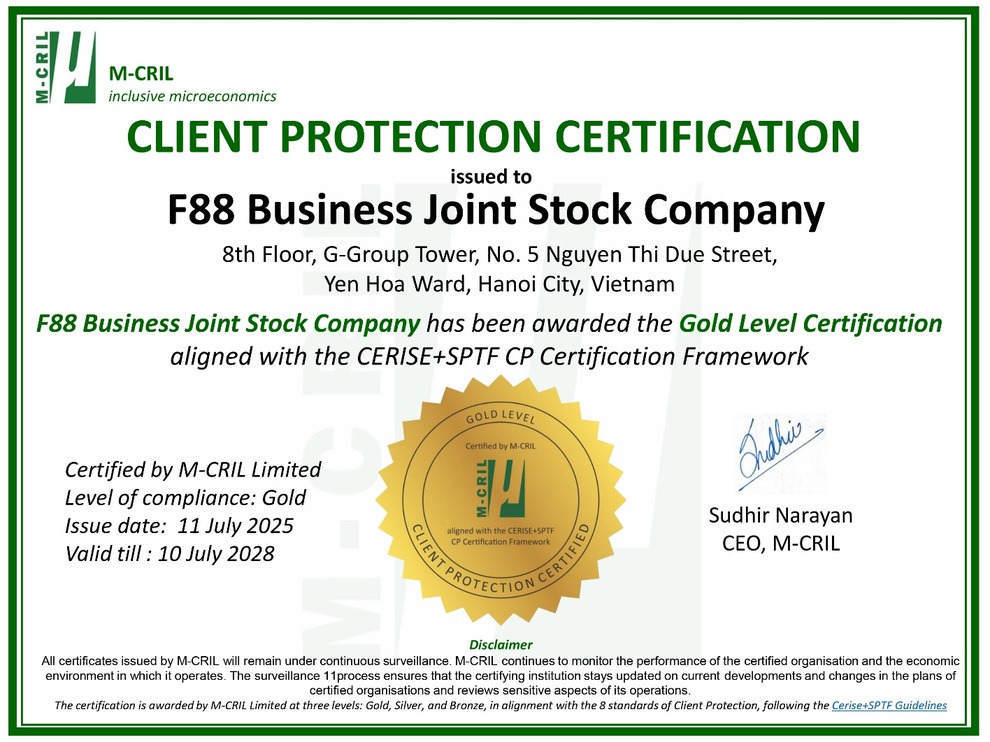 F88 nhận chứng chỉ bảo vệ khách hàng của M-Cril - 1 F88 nhận chứng chỉ bảo vệ khách hàng của M-Cril - 1