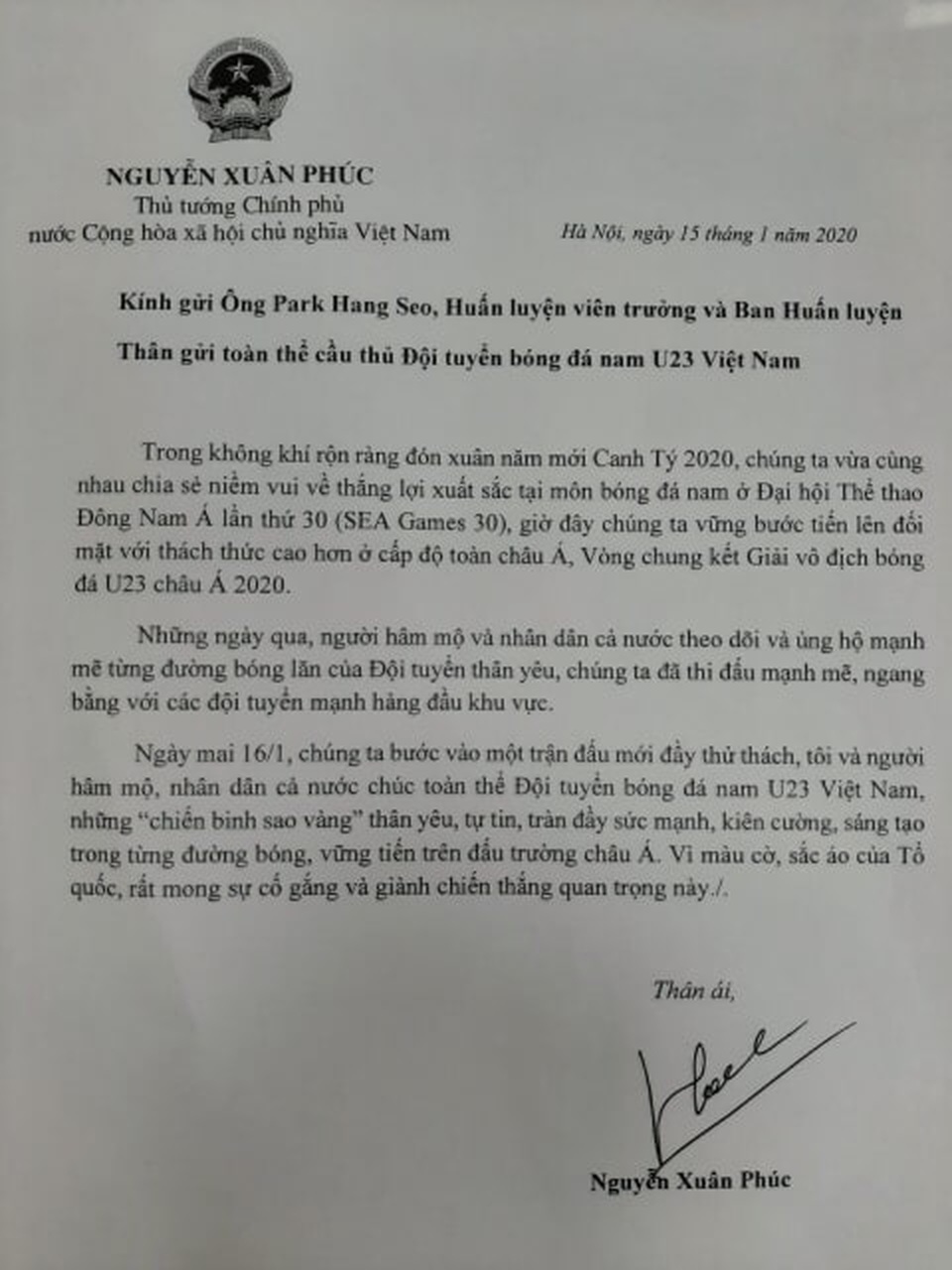 Thủ tướng gửi thư khích lệ tinh thần đội U23 Việt Nam - 1 Thủ tướng gửi thư khích lệ tinh thần đội U23 Việt Nam - 1